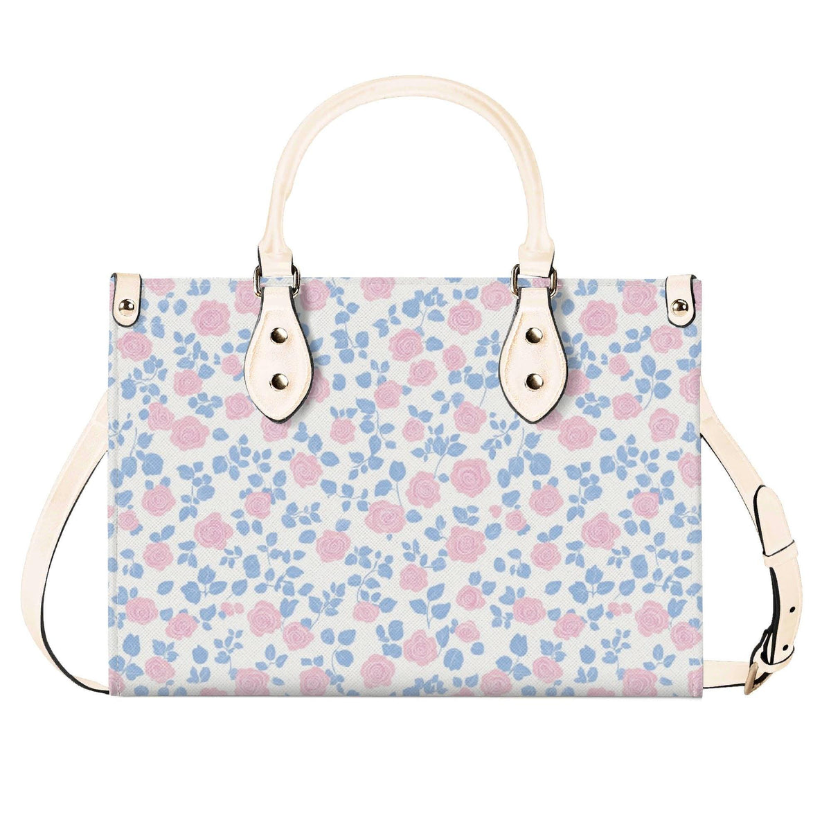 Romantic Ditsy Floral Handbag with Pink and Blue Blossoms and Crossbody Strap