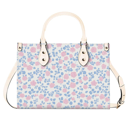Romantic Ditsy Floral Handbag with Pink and Blue Blossoms and Crossbody Strap