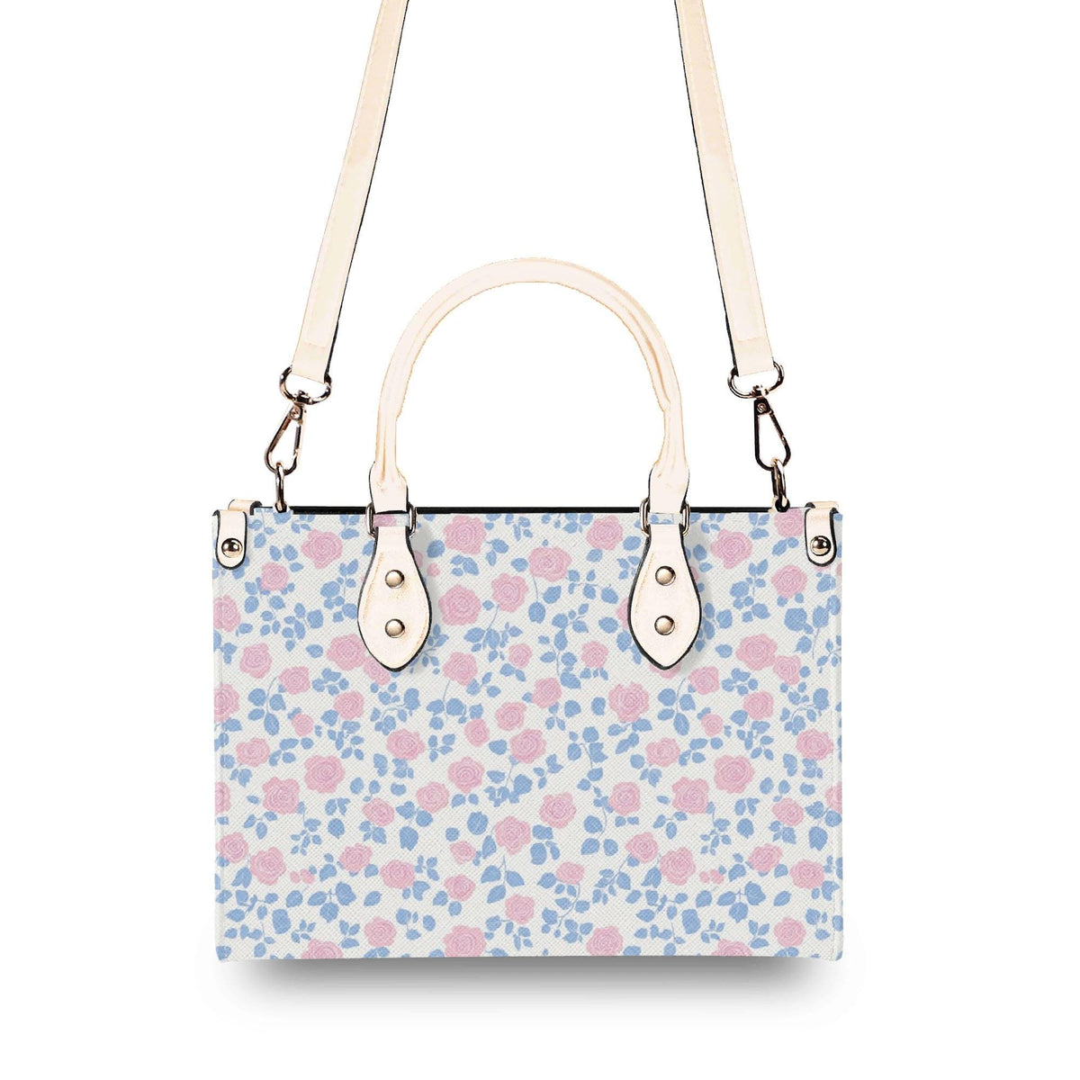 Romantic Ditsy Floral Handbag with Pink and Blue Blossoms and Crossbody Strap