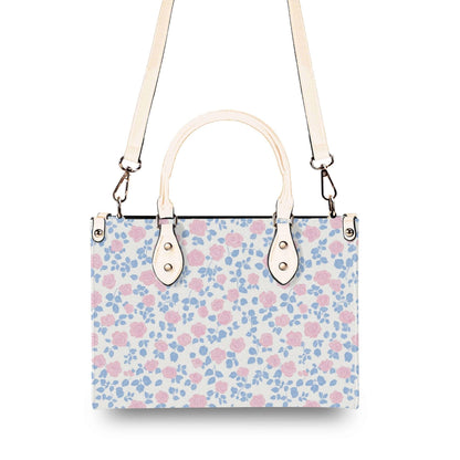 Romantic Ditsy Floral Handbag with Pink and Blue Blossoms and Crossbody Strap