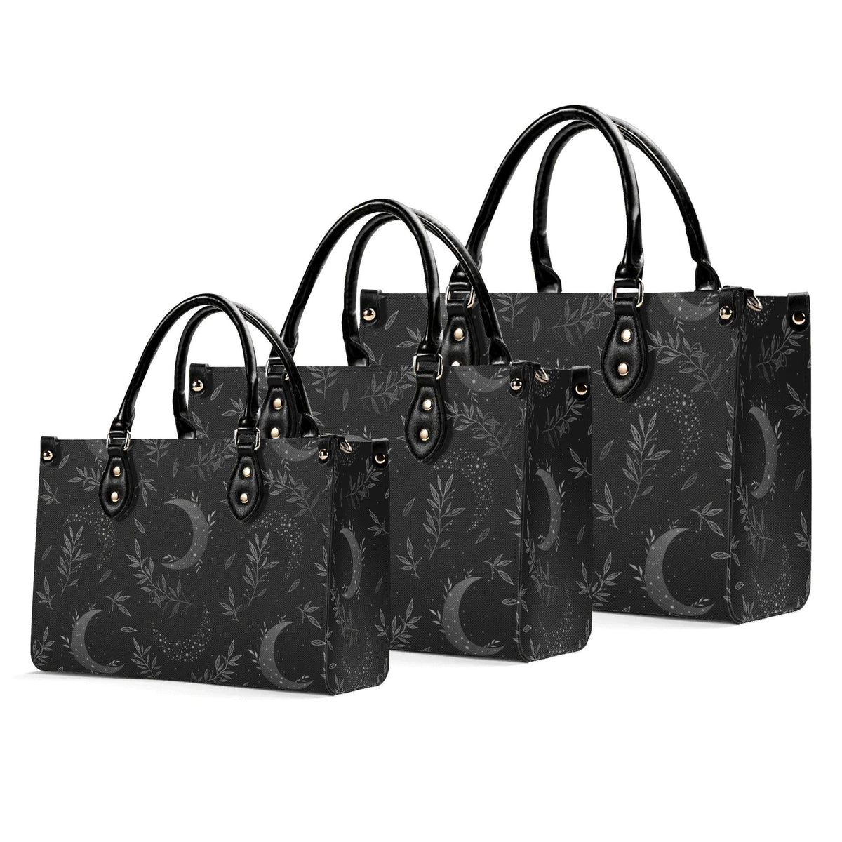 Crescent Moon Botanical Handbag, Black Leaf Print Crossbody Purse