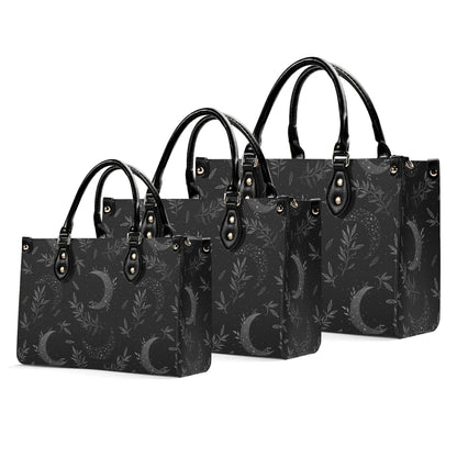 Crescent Moon Botanical Handbag, Black Leaf Print Crossbody Purse