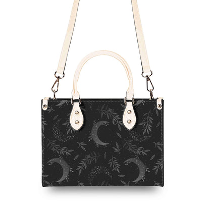 Crescent Moon Botanical Handbag, Black Leaf Print Crossbody Purse