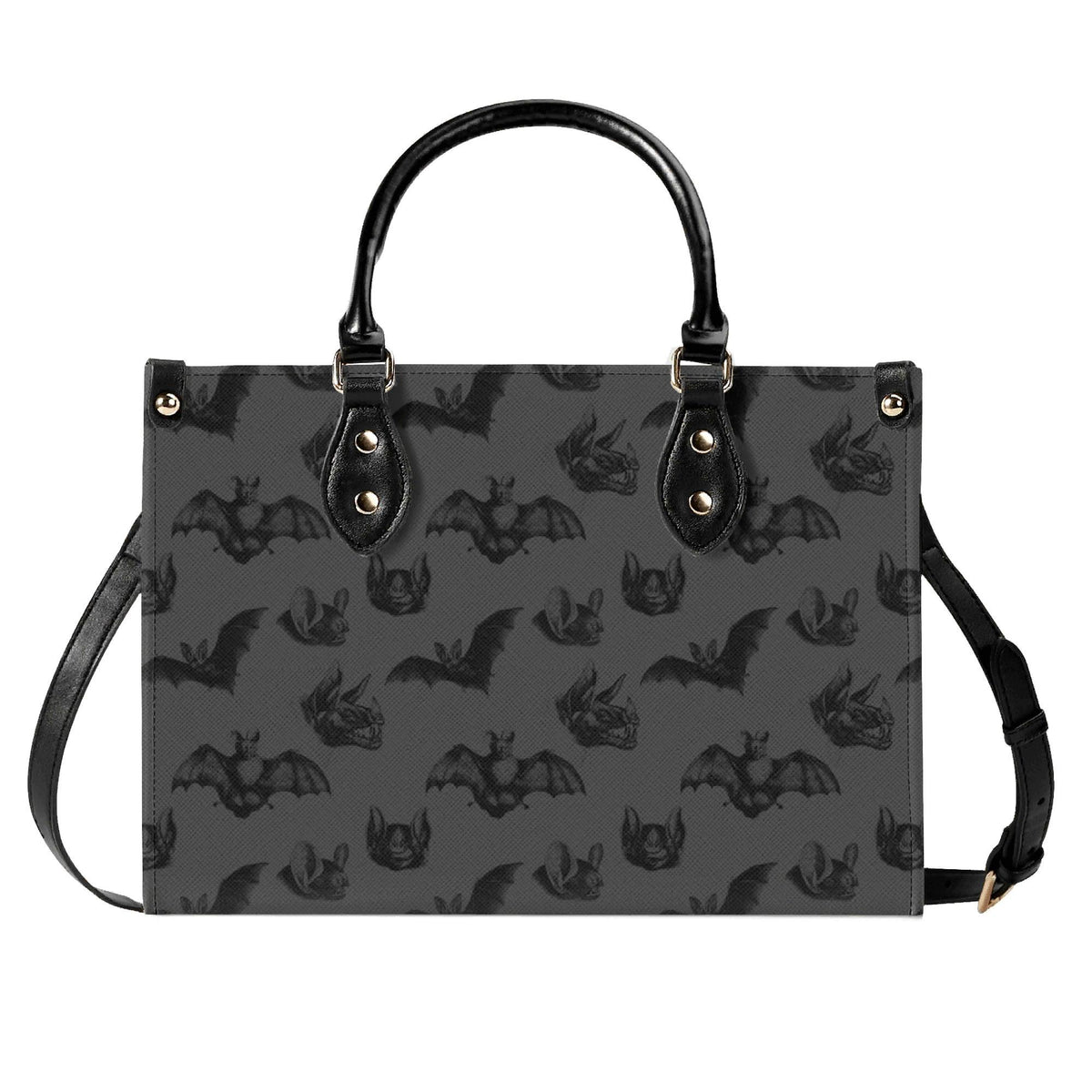 Bat Print Handbag, Gray Gothic Top Handle Crossbody Purse