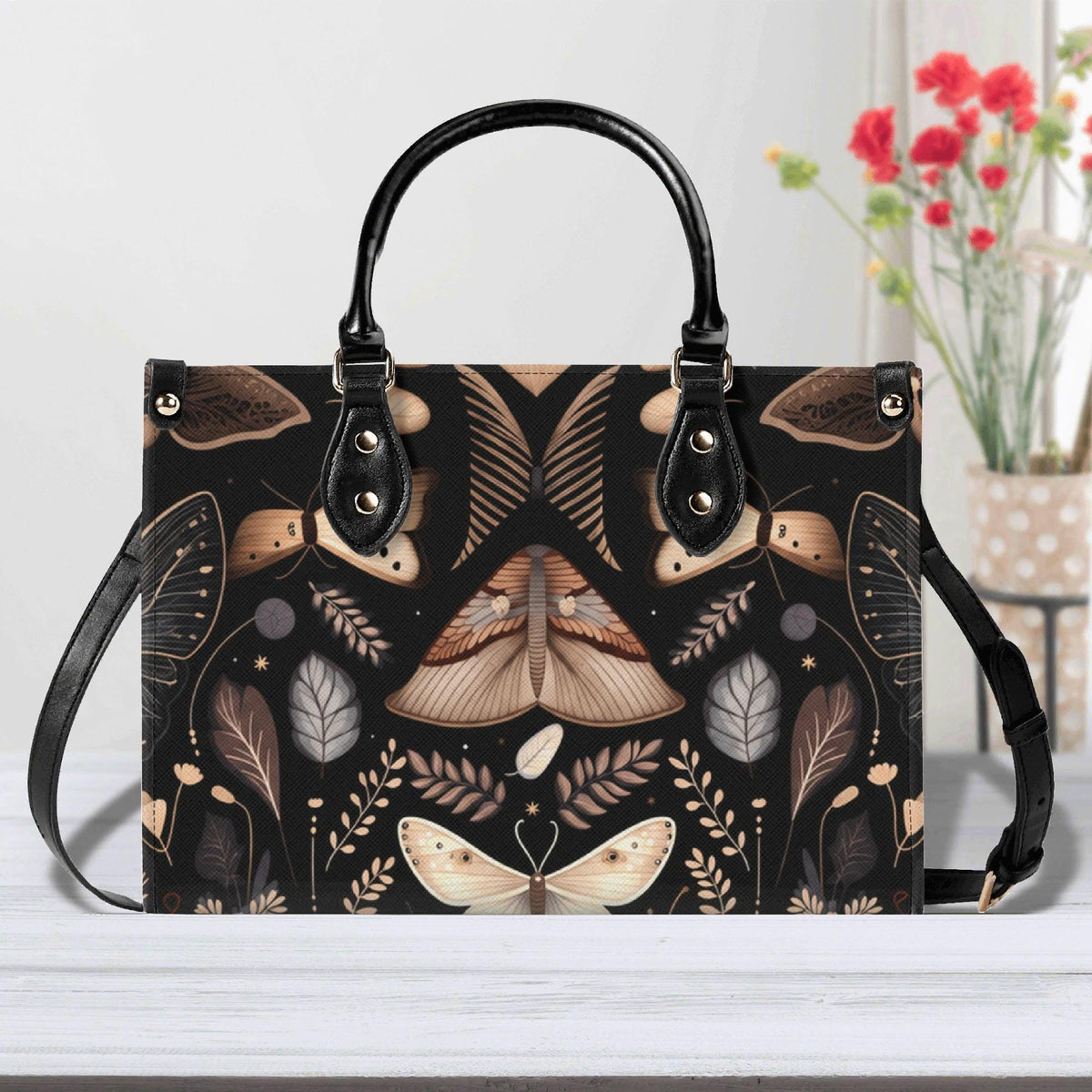 Whimsigoth Moth Print Top Handle Crossbody Bag, Botanical Butterfly Handbag