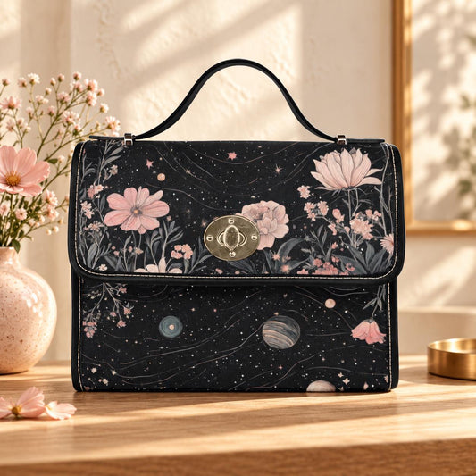 Floral Cosmos Satchel, Celestial Botanical Purse, Astrology Galaxy Bag
