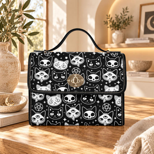 Goth Cat Handbag, Witchy Top Handle Purse, Occult Black White Satchel for Women