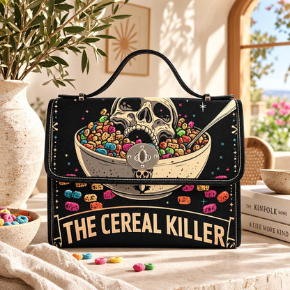 Dark humor shoulder bag, cereal killer canvas satchel, alt goth streetwear purse