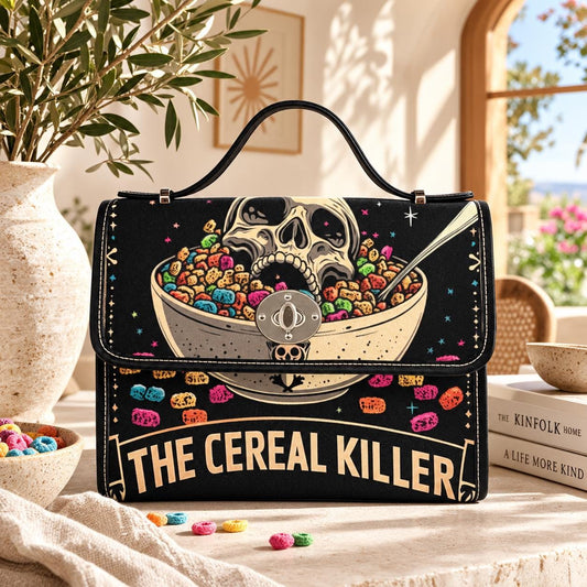 Dark humor shoulder bag, cereal killer canvas satchel, alt goth streetwear purse