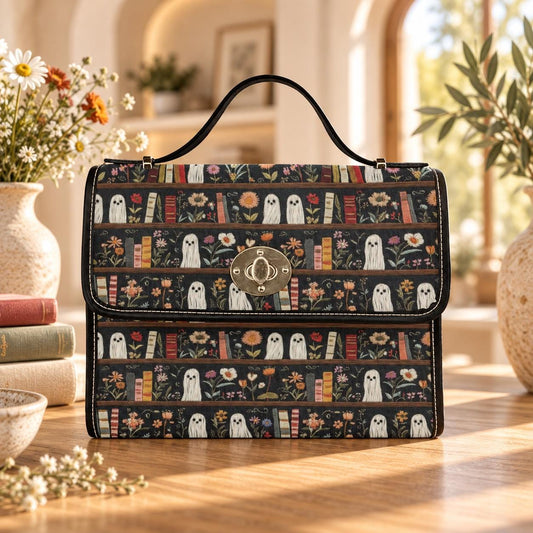 Ghost Library Print Purse, Witchcore Book Bag with Ghosts, Dark Academia Shoulder Bag