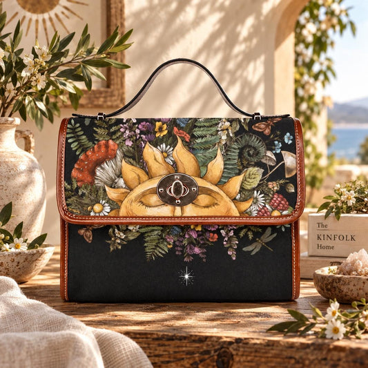 Celestial Satchel Purse, Cottagecore Sun Handbag, Botanical Witchy Top Handle Bag