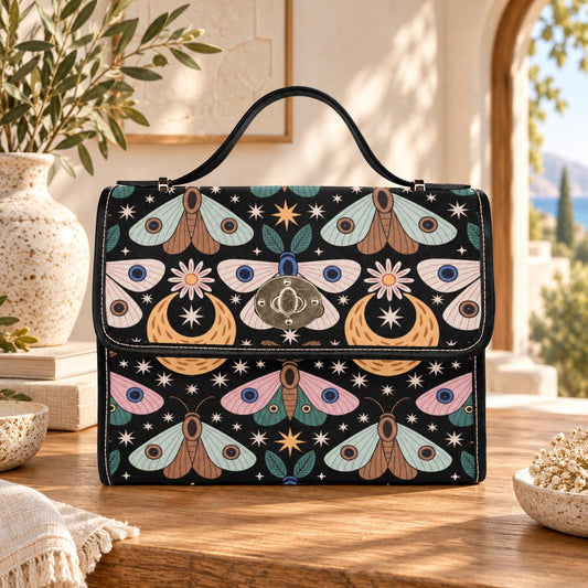 Celestial Moth Top Handle Purse, Moon Star Handbag, Witchy Art Nouveau Statement Bag