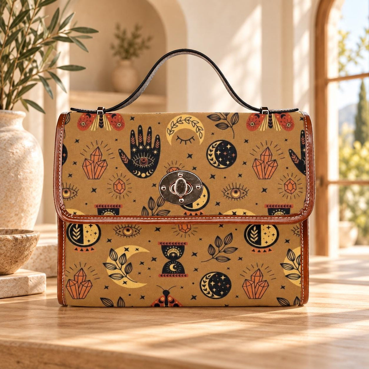 Mystic Celestial Crossbody Bag, Boho Witchy Palm Hand Print Purse