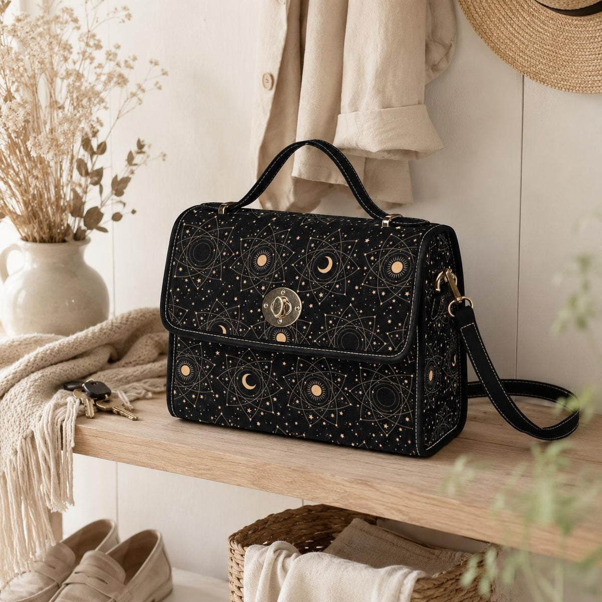 The black celestial satchel sitting on a wooden shelf next to keys, a knitted throw, and dried flowers in a vase.