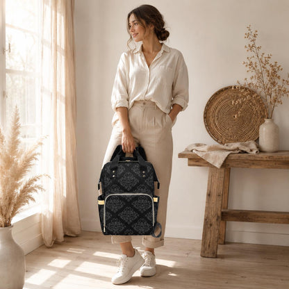 Black Damask Diaper Backpack, Gothic Victorian Baby Travel Organizer