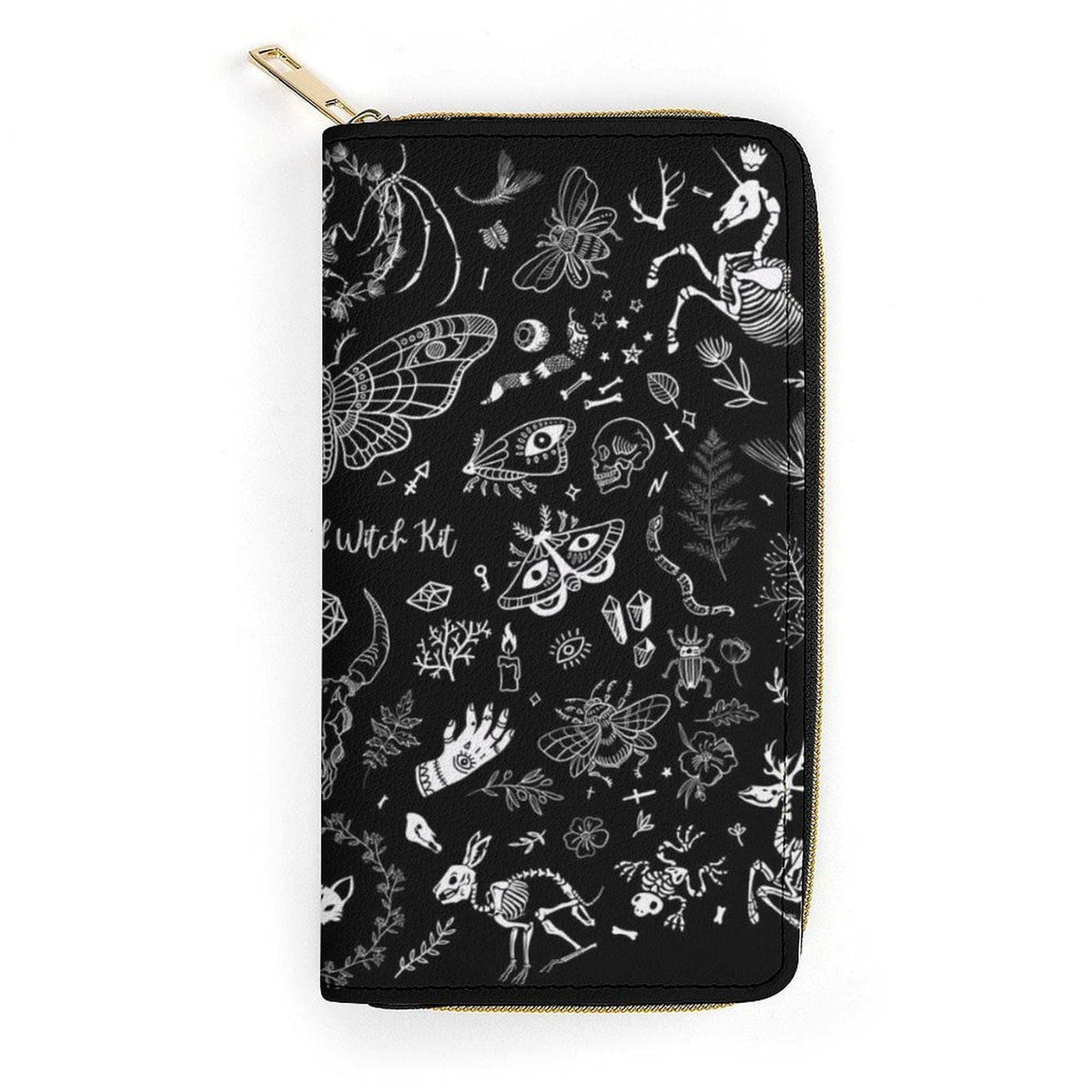 A flat view of the black zippered wallet adorned with white sketches of moths, bones, and hands.