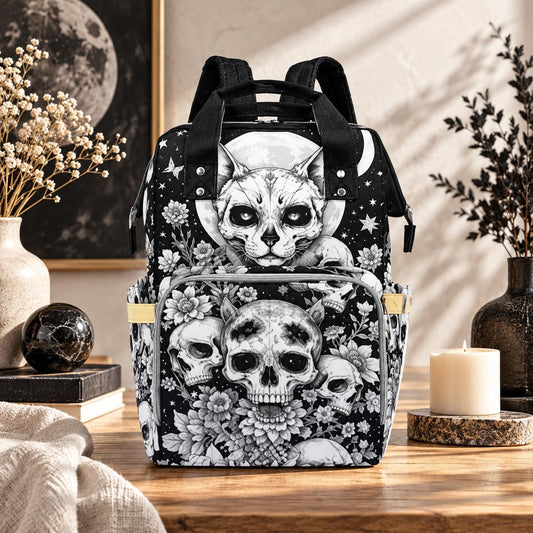 Gothic Skull Cat Floral Diaper Bag Backpack, Black White Baby Travel Organizer