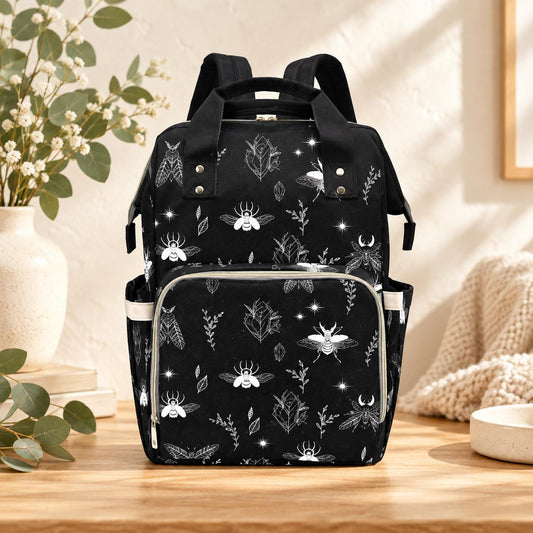 Goth Diaper Bag Backpack, Moth Crystal Print Witchy Travel Organizer