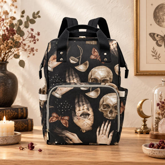 Witchy Diaper Backpack, Skull Moth Palmistry Goth Baby Bag, Occult Travel Stroller Bag
