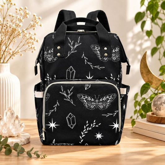 Celestial Diaper Bag Backpack, Black Butterfly Crystal Star Print Baby Bag