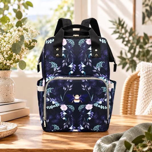 Navy Blue Floral Diaper Bag Backpack, Botanical Bee Baby Bag, Stroller Daycare Travel Mate