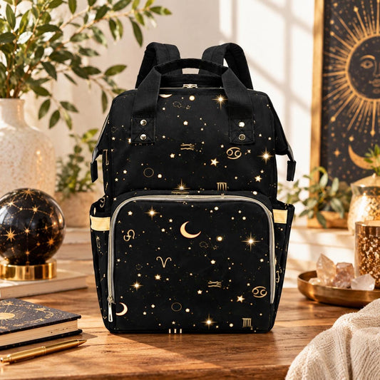 Black Gold Zodiac Diaper Bag Backpack, Celestial Baby Nursery Organizer Gift
