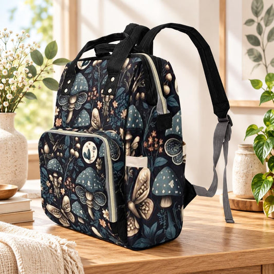 Dark Cottagecore Mushroom Diaper Bag Backpack, Moth Moon Woodland Baby Travel Bag