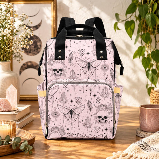 Goth Diaper Bag Backpack, Pink Moth Skull Print Baby Travel Bag, Witchy Mom Gift