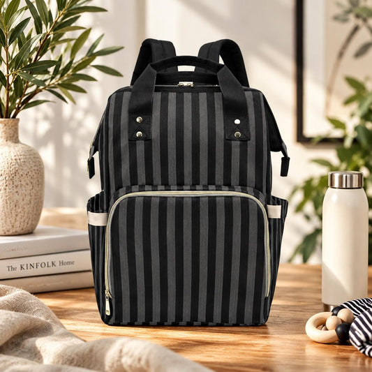 Black Striped Backpack, Gothic Diaper Bag, Dark Academia Organizer, Goth Travel Tote