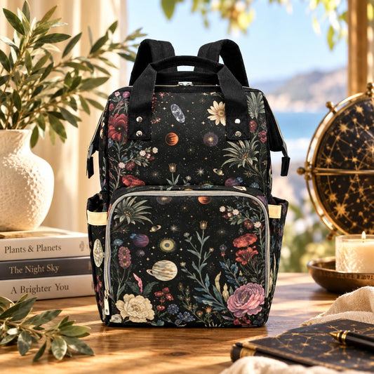 Floral Galaxy Diaper Backpack, Celestial Space Nursery Bag for Moms