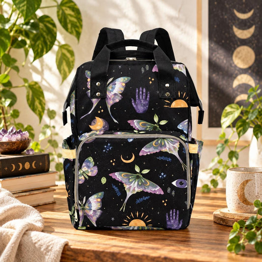 Watercolor Luna Moth Diaper Backpack: Mystical Baby Travel Bag (Black, Lilac, Sage)