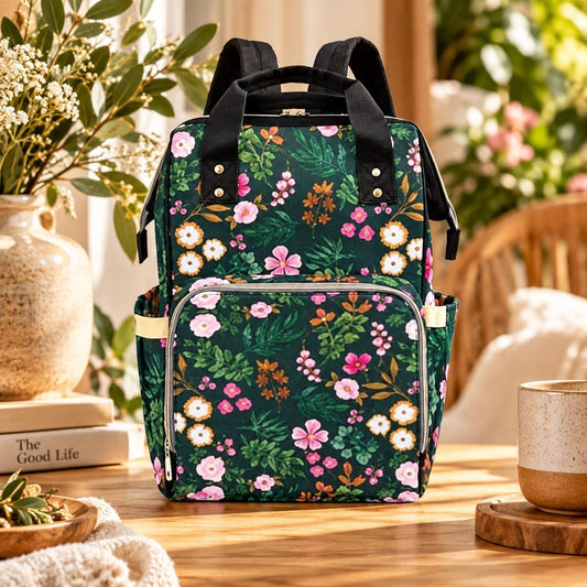 Dark Green Floral Diaper Backpack, Botanical Mom Bag, Pink Blossom Print Nappy Bag