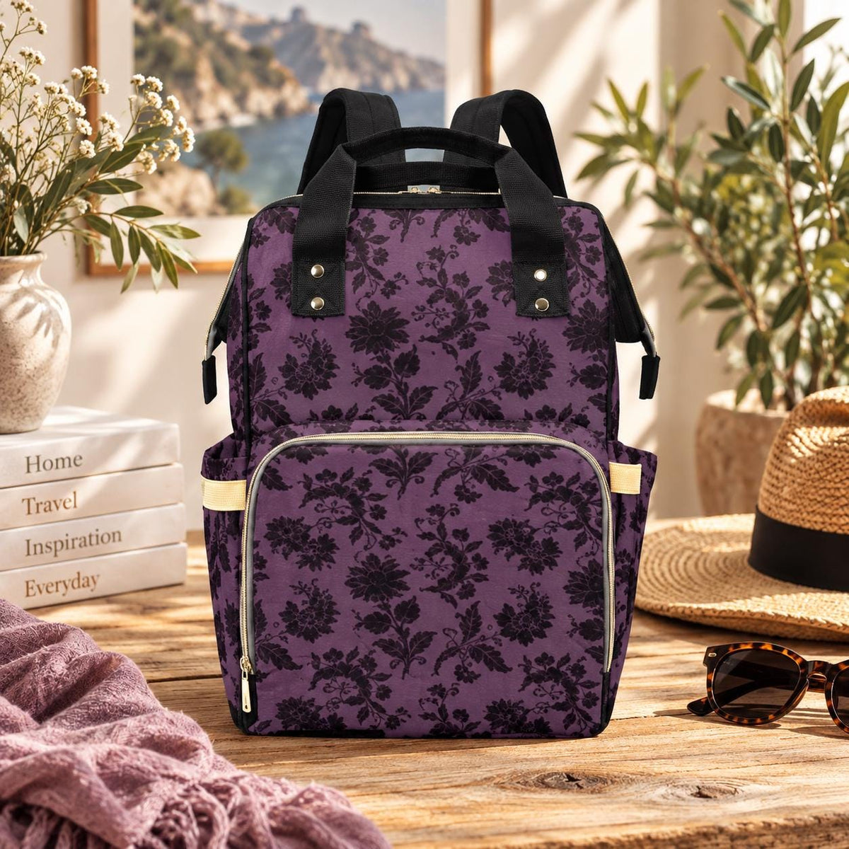 Purple Damask Diaper Bag Backpack, Gothic Witchy Mom Travel Bag