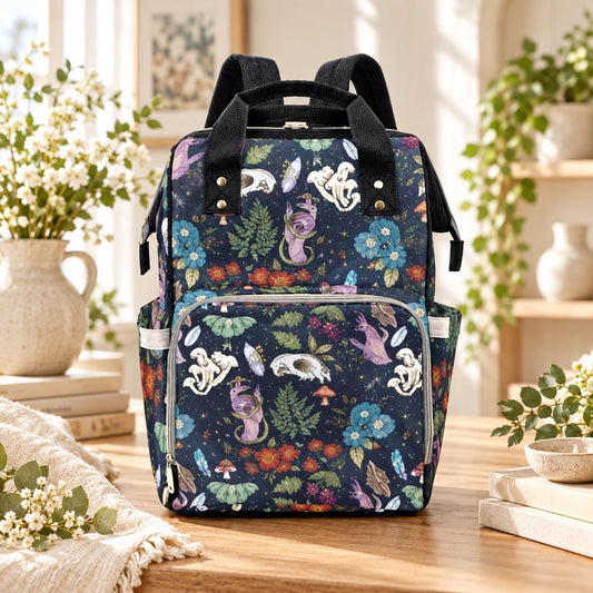 Woodland Mushroom Print Diaper Bag Backpack, Gothic Nursery Purse, Vegan Leather Baby Gear Wallet