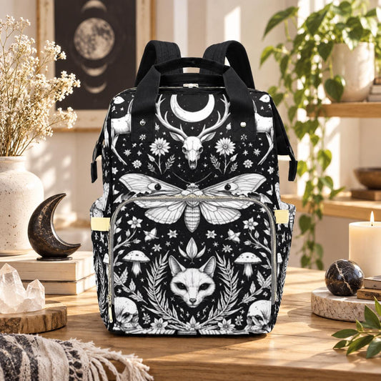Witchy Diaper Backpack, Gothic Forest Creature Mom Bag, Moth Deer Skull Moon Print