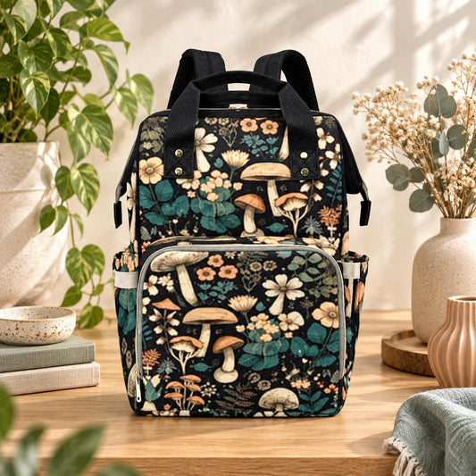 Mushroom Floral Diaper Bag Backpack, Cottagecore Baby Travel Bag