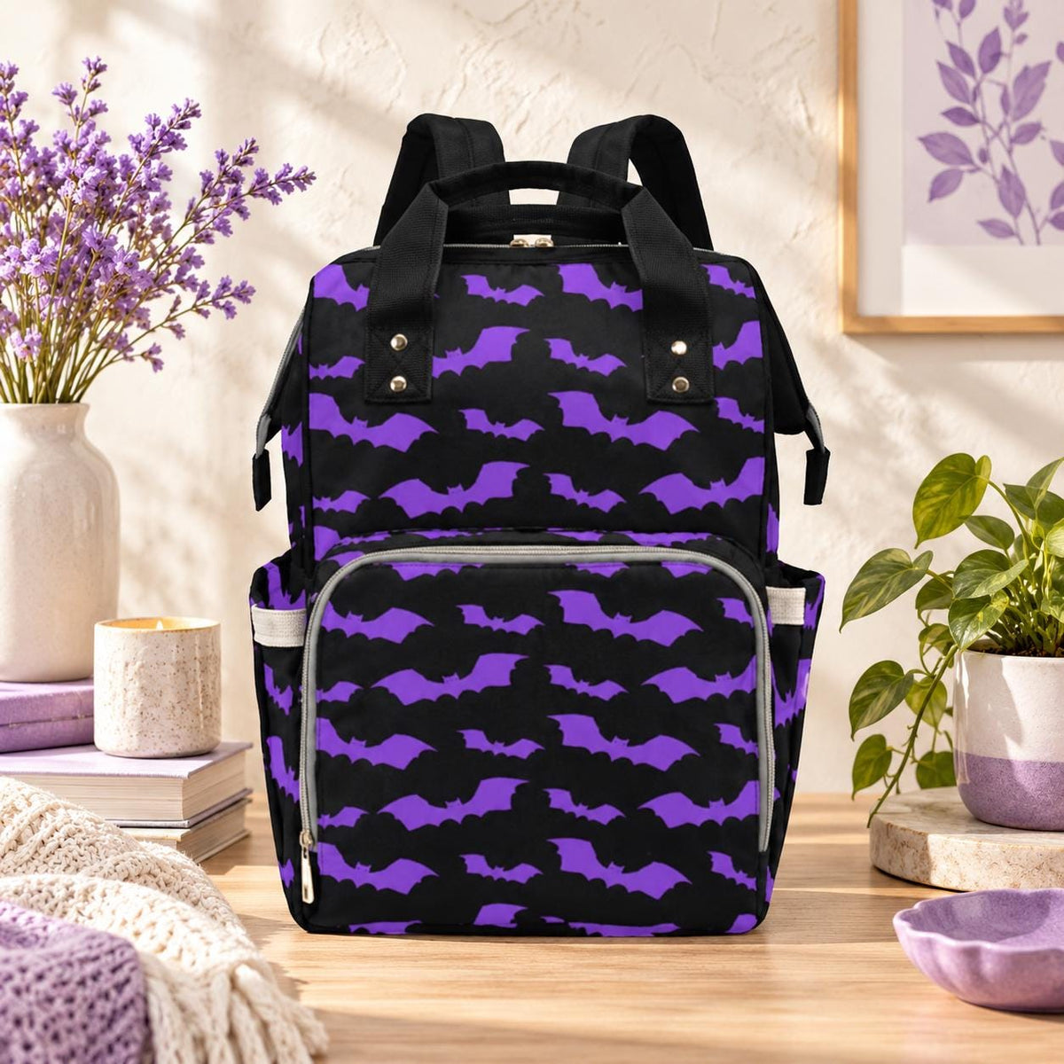 Purple Bat Diaper Bag Backpack, Gothic Halloween Baby Travel Pack