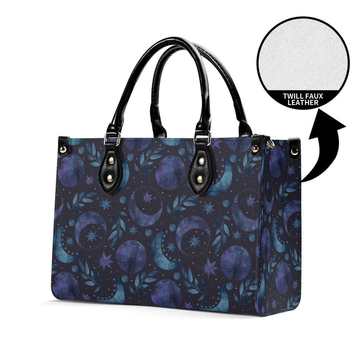 Celestial Crescent Moon Handbag with Blue Stars and Crossbody Strap