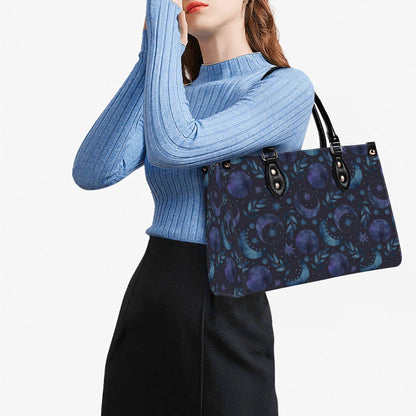 Celestial Crescent Moon Handbag with Blue Stars and Crossbody Strap