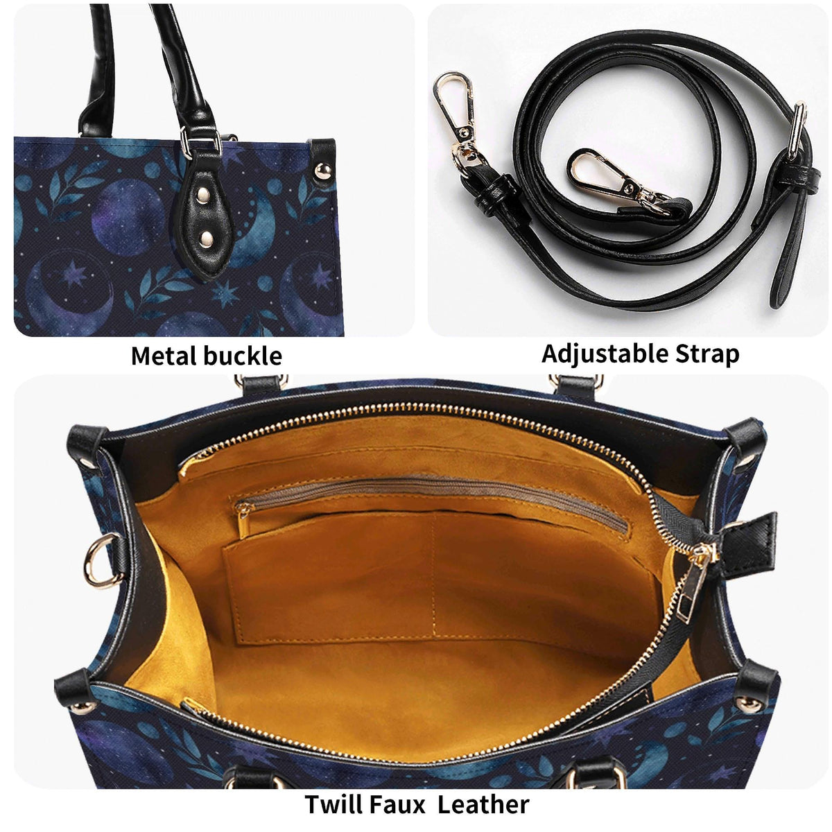 Celestial Crescent Moon Handbag with Blue Stars and Crossbody Strap