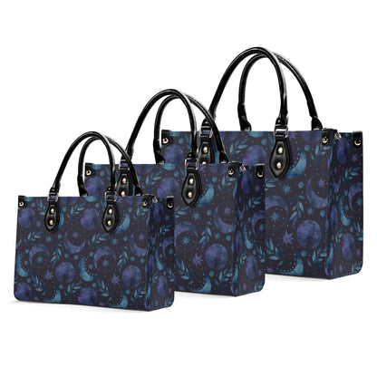 Celestial Crescent Moon Handbag with Blue Stars and Crossbody Strap