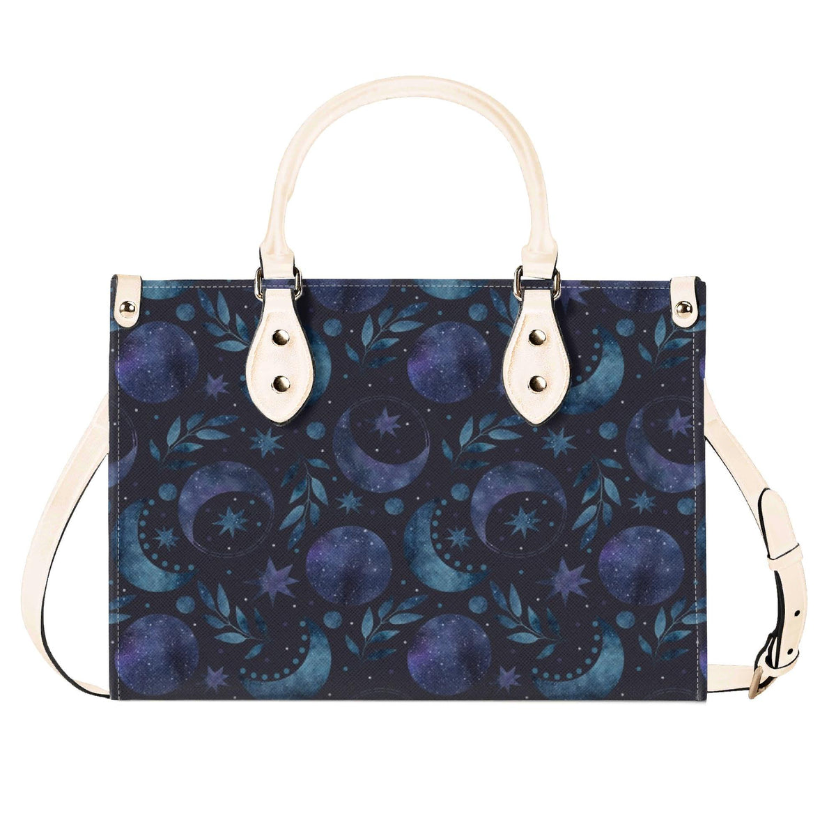 Celestial Crescent Moon Handbag with Blue Stars and Crossbody Strap