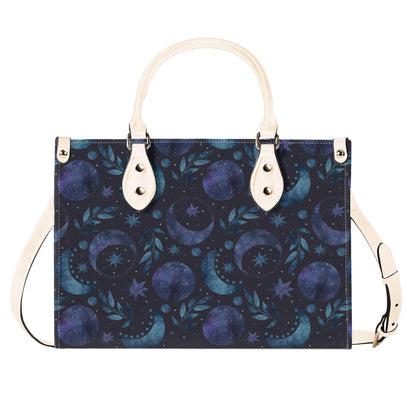 Celestial Crescent Moon Handbag with Blue Stars and Crossbody Strap