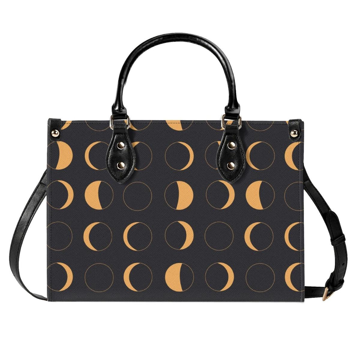 Moon Phase Handbag with Warm Gold Crescents and Crossbody Strap