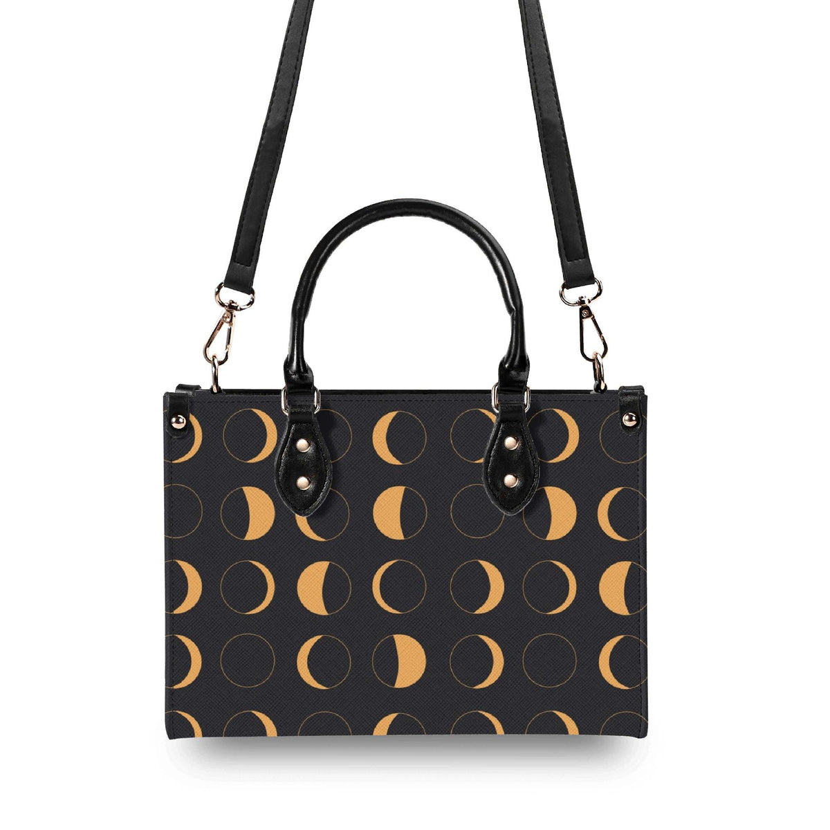Moon Phase Handbag with Warm Gold Crescents and Crossbody Strap