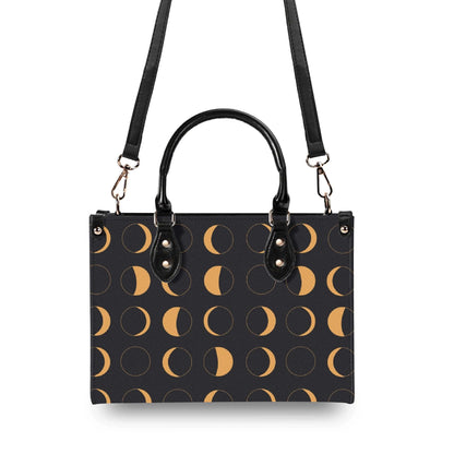 Moon Phase Handbag with Warm Gold Crescents and Crossbody Strap