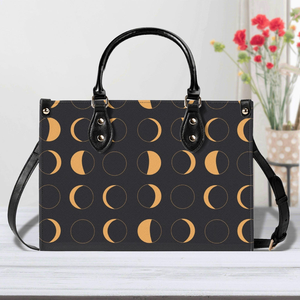 Moon Phase Handbag with Warm Gold Crescents and Crossbody Strap