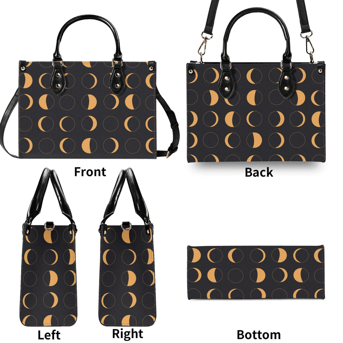 Moon Phase Handbag with Warm Gold Crescents and Crossbody Strap