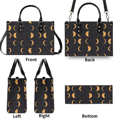 Moon Phase Handbag with Warm Gold Crescents and Crossbody Strap