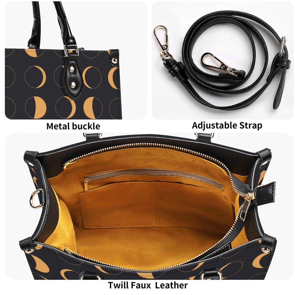 Moon Phase Handbag with Warm Gold Crescents and Crossbody Strap